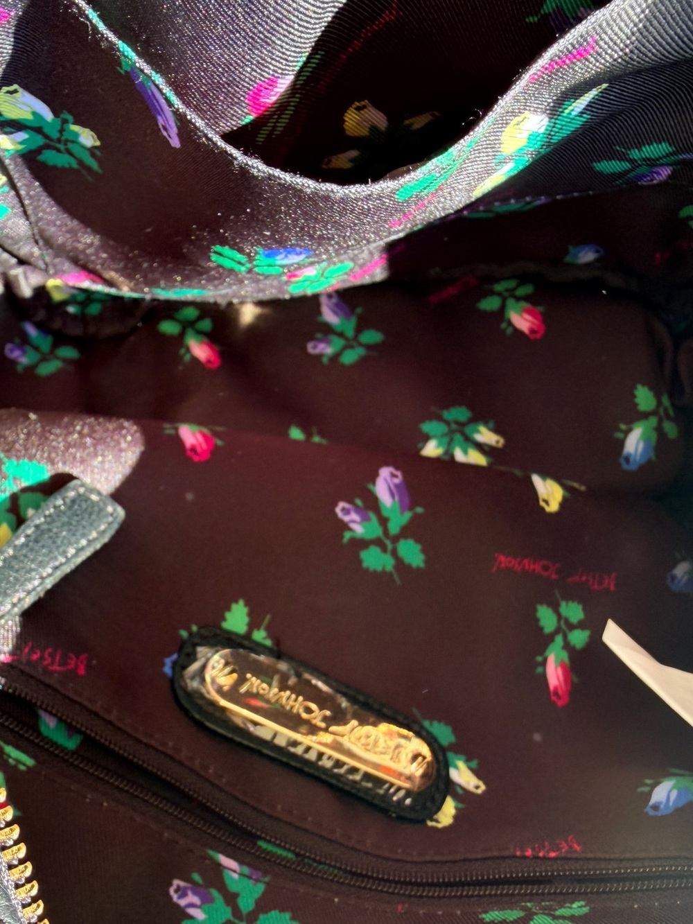 Betsey Johnson Black Mini Backpack with Pink, Magenta & Cream Floral Appliqués - Picture 2 of 3